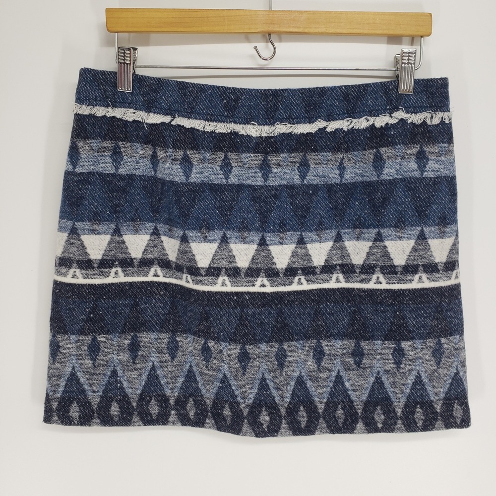 Sam Edelman Aztec Tribal Print Mini Skirt Women Size 10 Blue Fringe Wool Blend